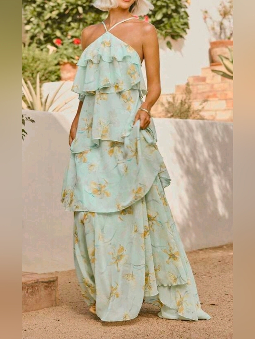 New Tiered Chiffon Ruffle Halter Maxi Dress Backless Floral Green - Picture 6 of 10